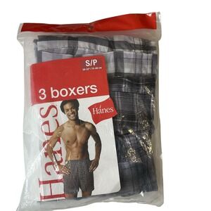 New Vintage 2006 Hanes 3‎ Boxers Shorts Underwear Plaid Grey Preppy S 30/32